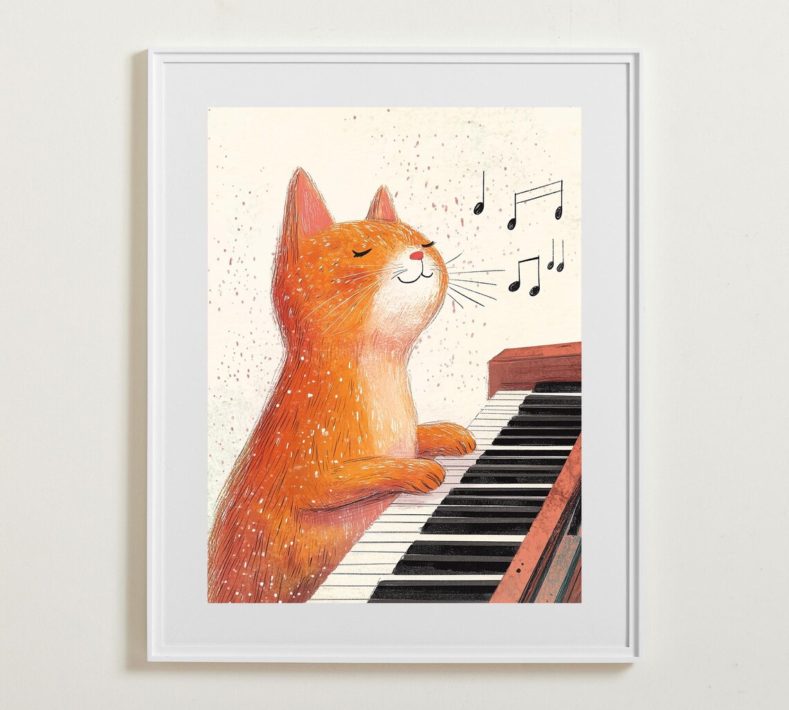 Orange Cat Playing Piano Music Notes Whimsical Kitten Nursery Wall Poster