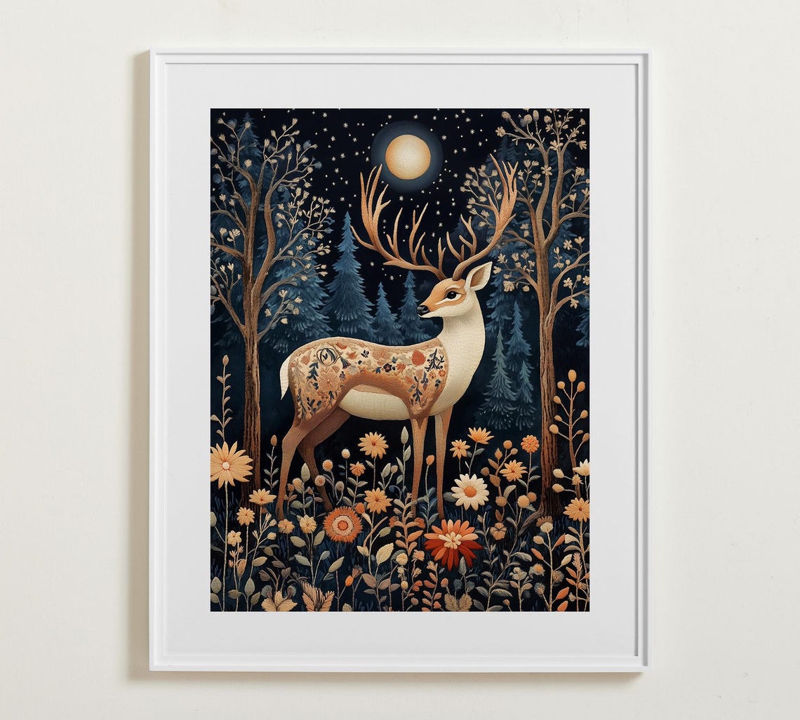 Golden Stag Deer In Moonlit Winter Forest Folk Art Style Poster