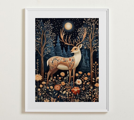 Golden Stag Deer In Moonlit Winter Forest Folk Art Style Poster