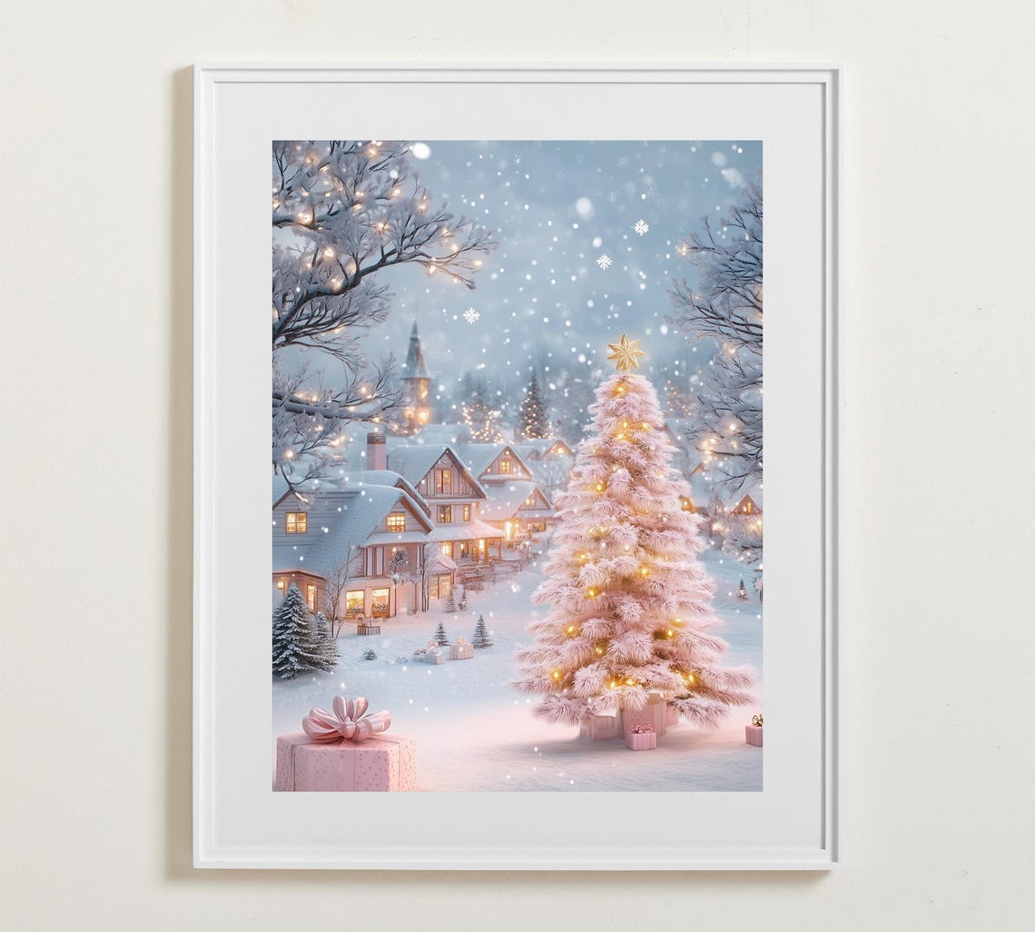 Dreamy Pink Snowy Christmas Village White Tree Winter Poster