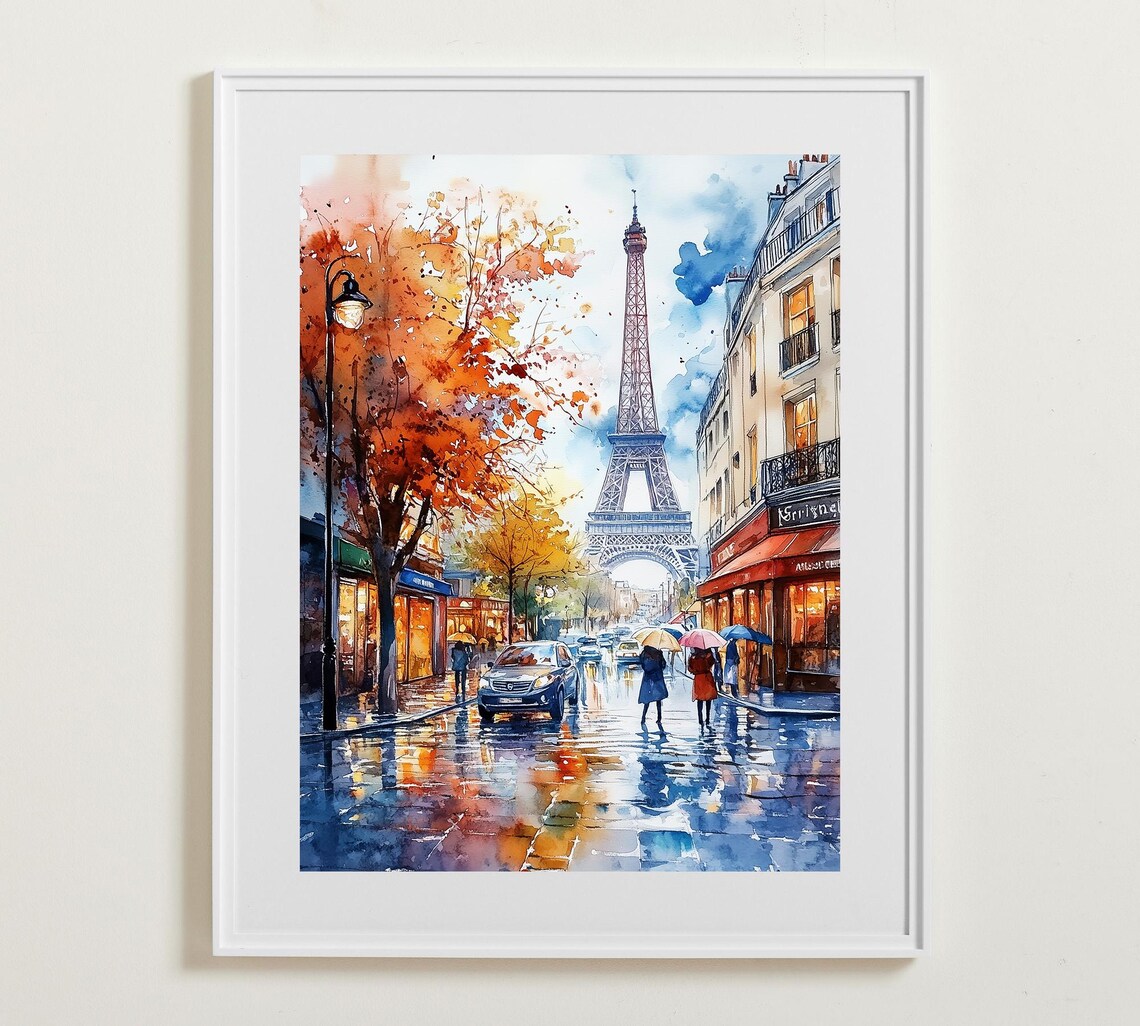 Paris Watercolor Cityscape, Eiffel Tower Travel Poster