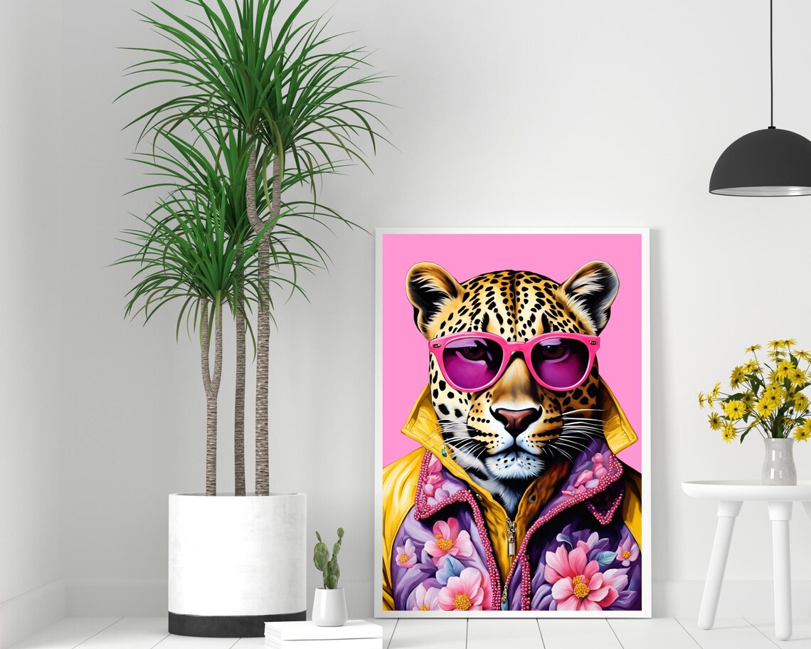 Fashion Leopard Pink Sunglasses Floral Jacket Pop Art Wall Poster - Image 2