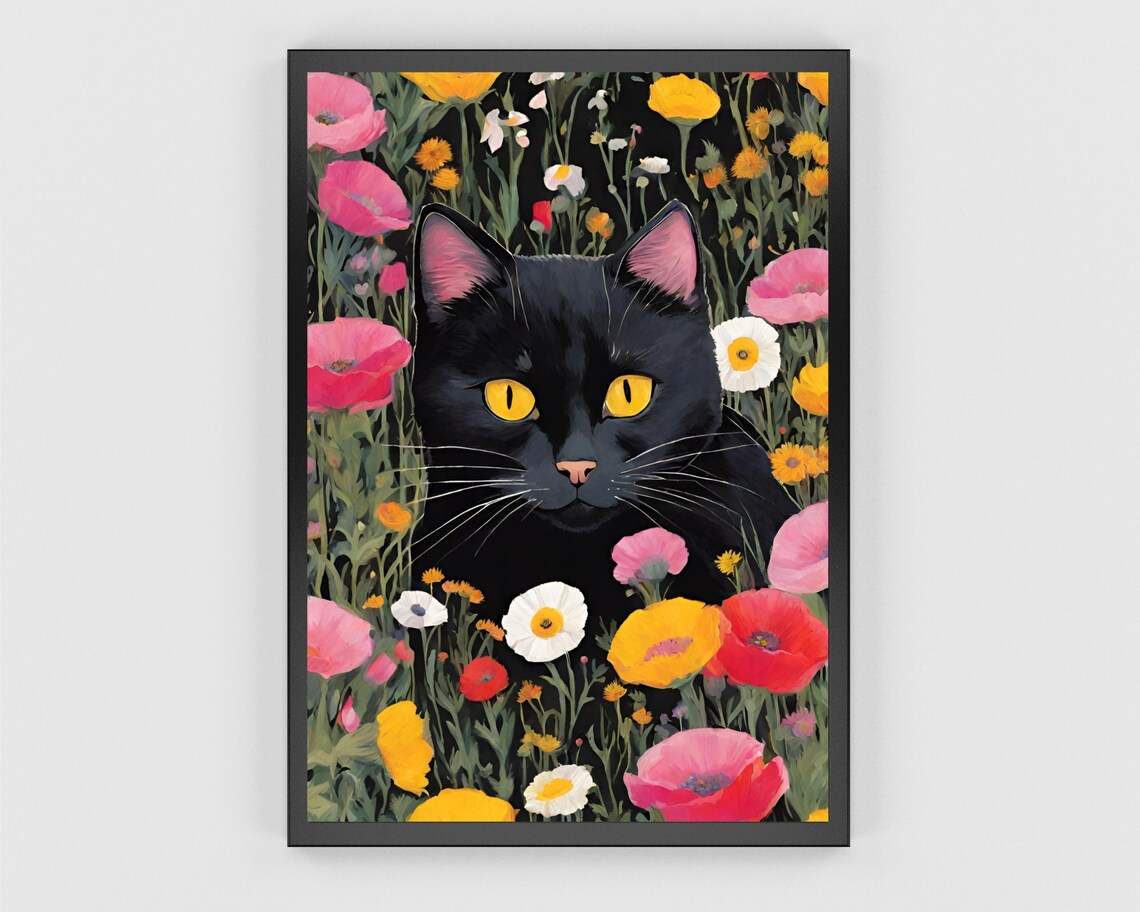 Black Cat Wildflower Garden Art Golden Eyes Floral Feline Print - Image 3