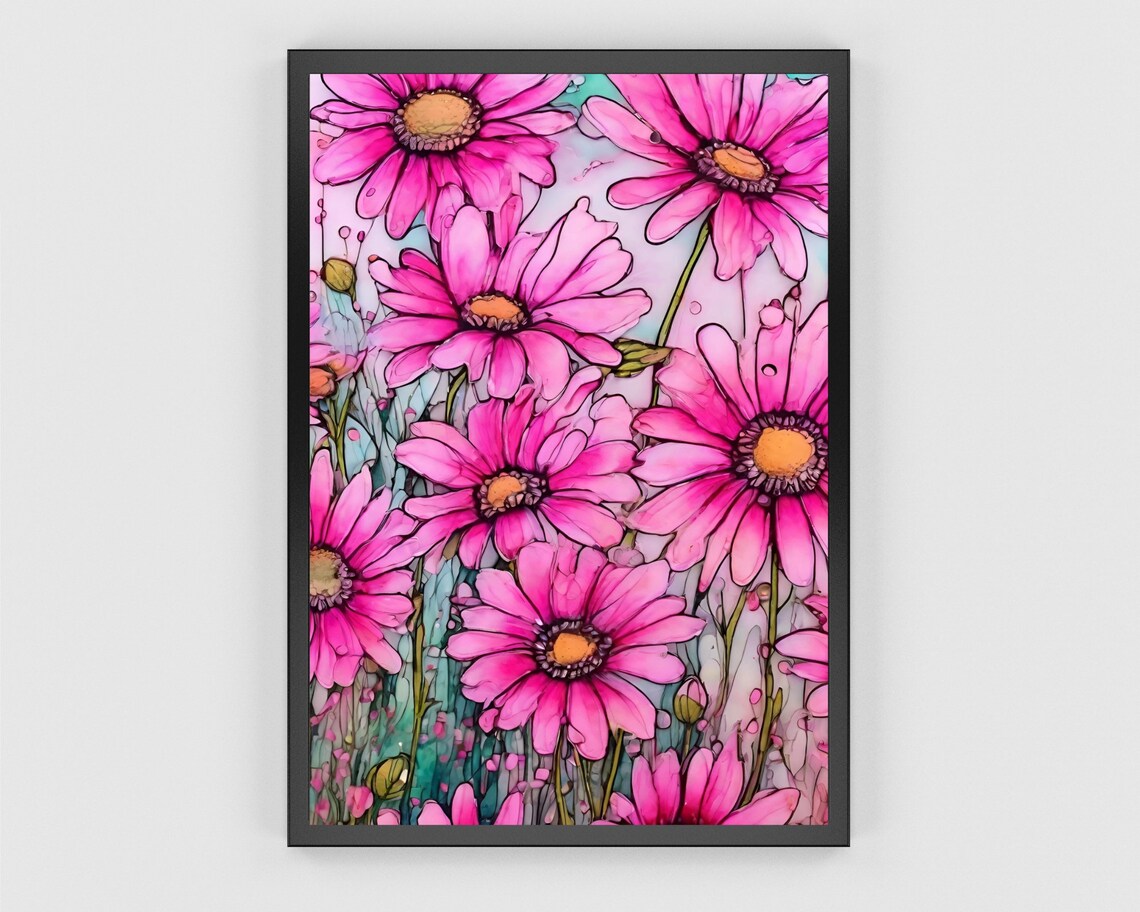 Pink Daisy Flower Art Print, Boho Wildflower Poster - Image 3