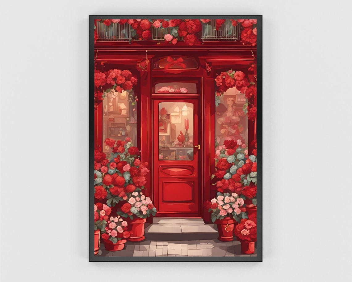 Red Flower Shop Storefront with Blossom Door European Decor Poster - Image 3