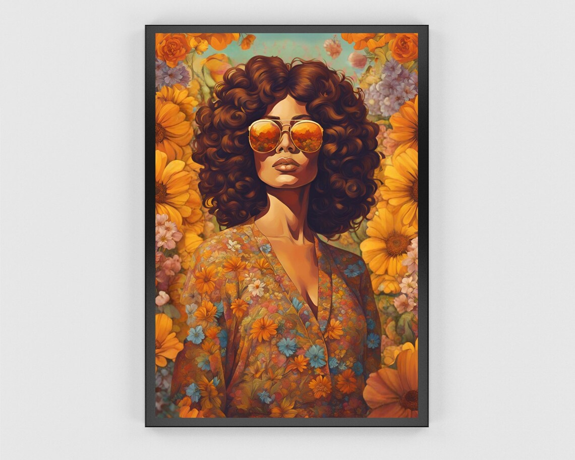 Retro Woman With Curly Hair And Aviators In Sunflowers Poster - Image 3