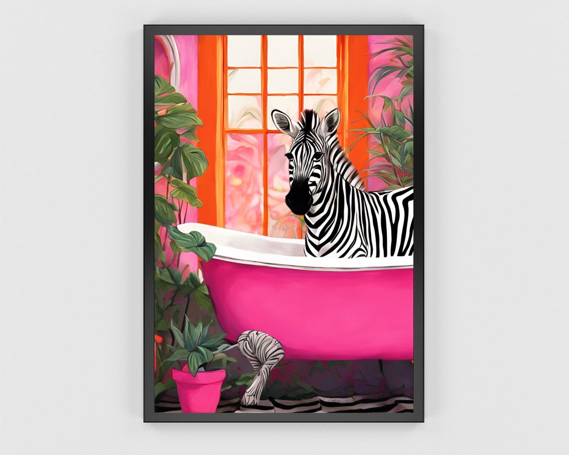 Zebra in Pink Bathtub Vivid Tropical Plants Funny Bathroom Poster - Image 3