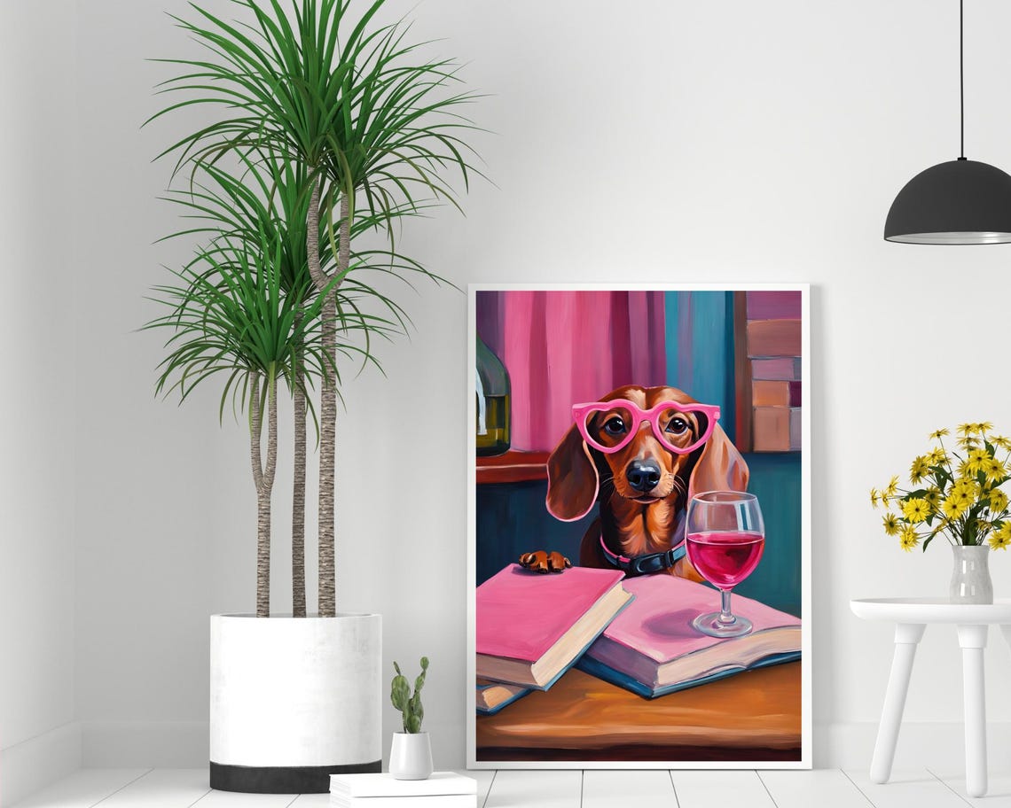 Playful Dachshund in Pink Heart Glasses with Wine Books Poster - Image 2