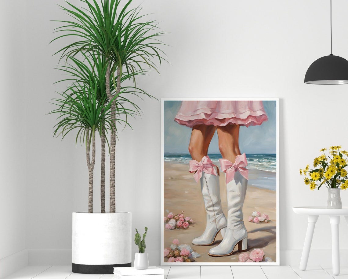 White Boots With Big Pink Bows Sandy Beach Flowers Wall Poster - Image 2