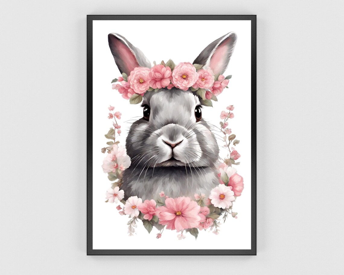 Bunny Flower Crown Pink Floral Wreath Cute Woodland Nursery Poster - Image 2