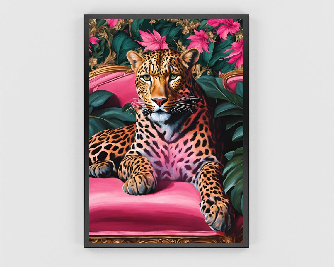 Leopard Lounging on a Pink Sofa in Tropical Flowers Art Poster - Image 3