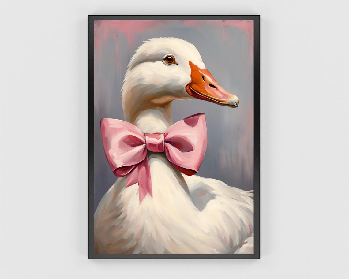 White Duck Portrait Big Pink Bow Painterly Coquette Wall Poster - Image 3