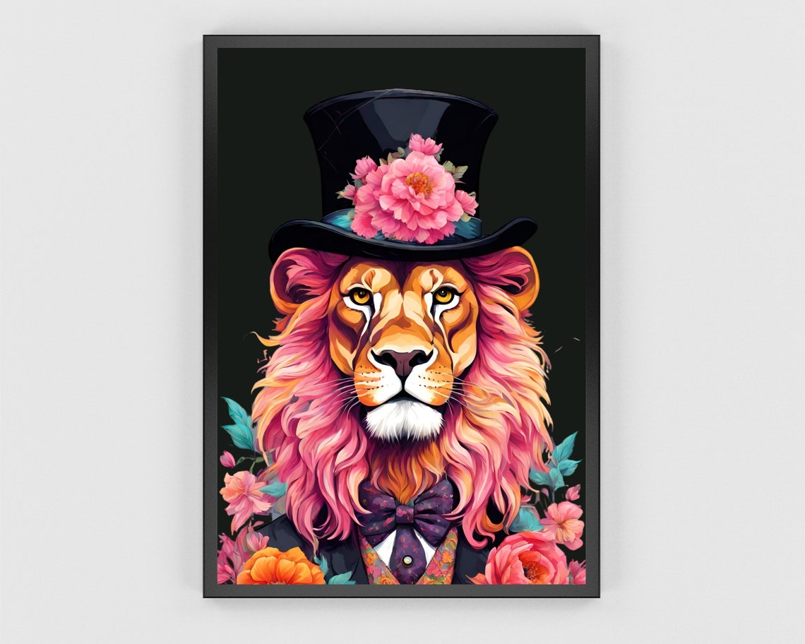 Fashion Lion Wall Art Print Lion Portrait Poster Renaissance Lion Painting Regal Lion Gothic Poster Pink Lion Vintage Style Animal - Image 3