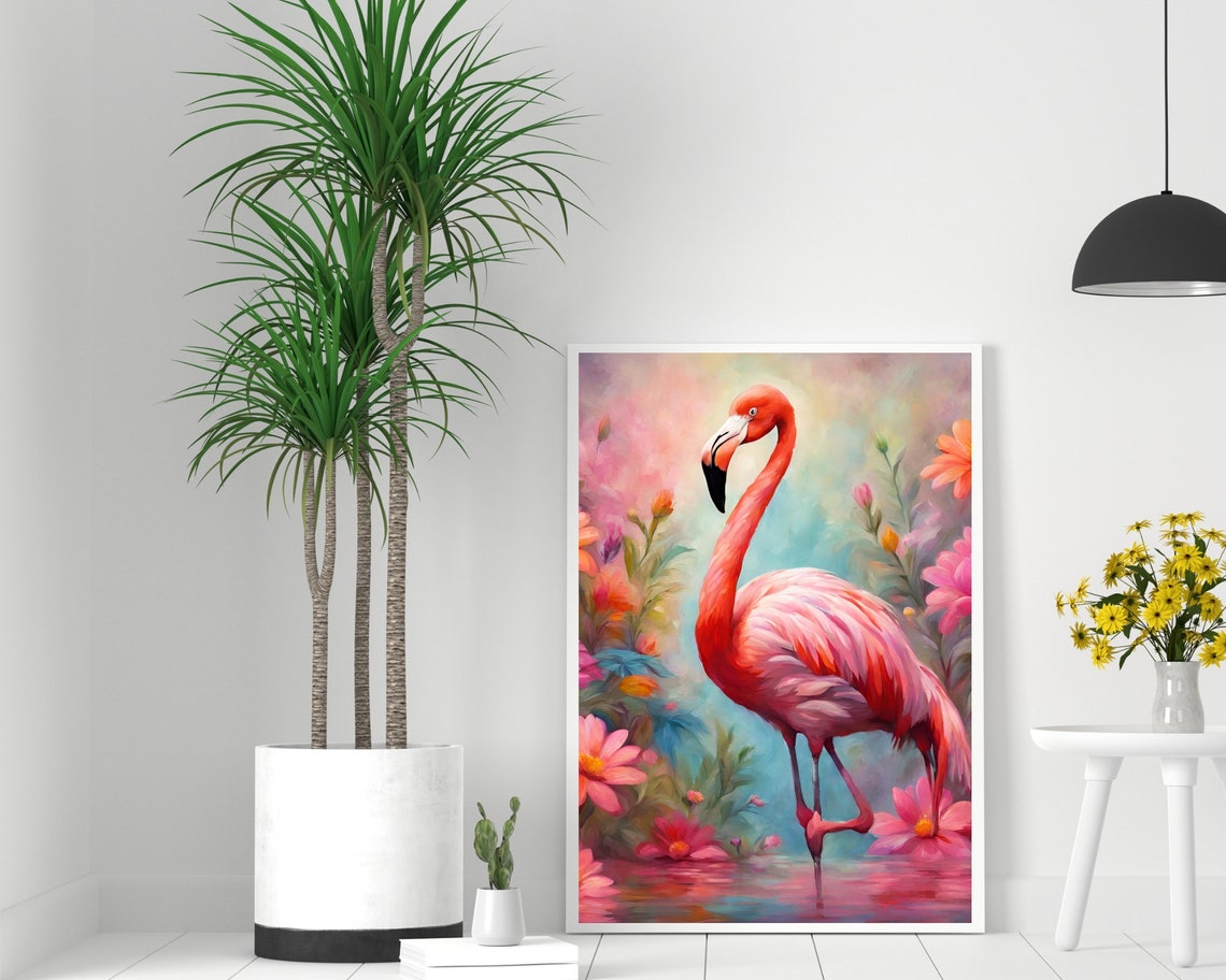 Botanical Flamingo Wall Art Floral Flamingo Pink Flamingo Vintage Style Poster Retro Flamingo Flower Garden Print Eclectic Art - Image 2