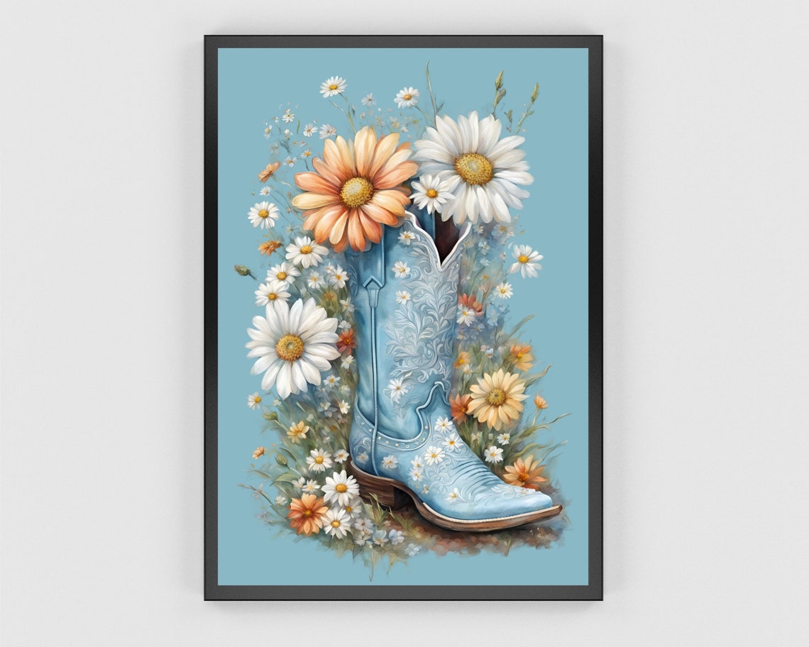Coastal Cowgirl Wildflower Boots Print Blue Cowboy Boots Wall Art Boho Country Cowboy Poster Floral Vintage Western Painting Dopamine Decor - Image 3