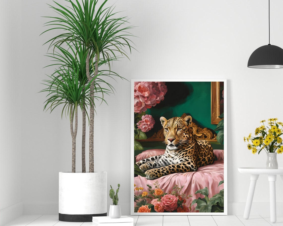 Leopard Lounging On Pink Velvet Chaise In Baroque Room Poster - Image 2