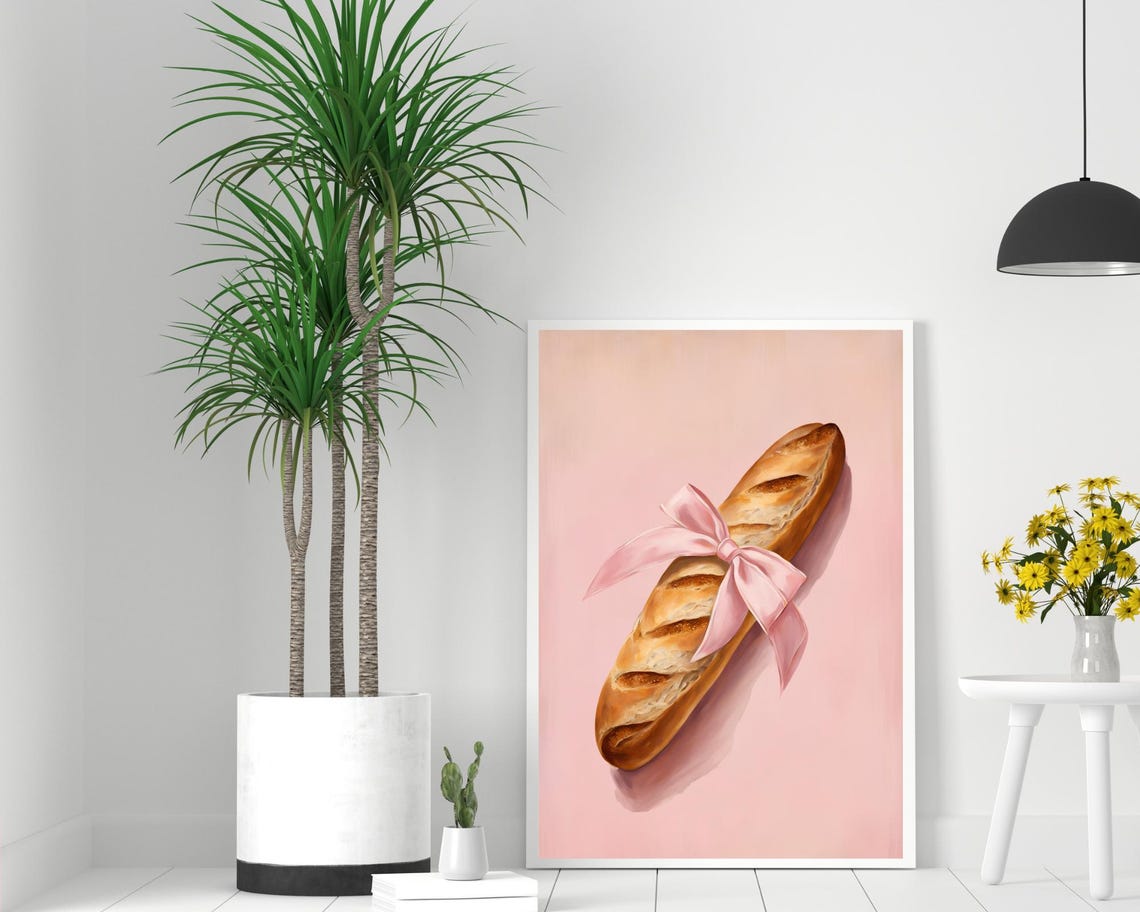 French Baguette Tied with a Pink Bow Coquette Kitchen Poster - Image 2