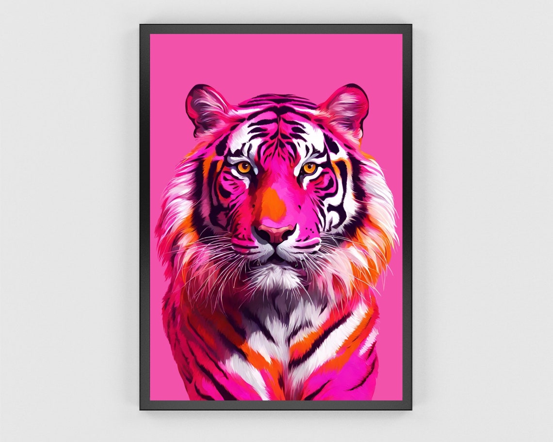 Neon Pink Tiger Head Art Bold Pop Feline Portrait Statement Print - Image 3