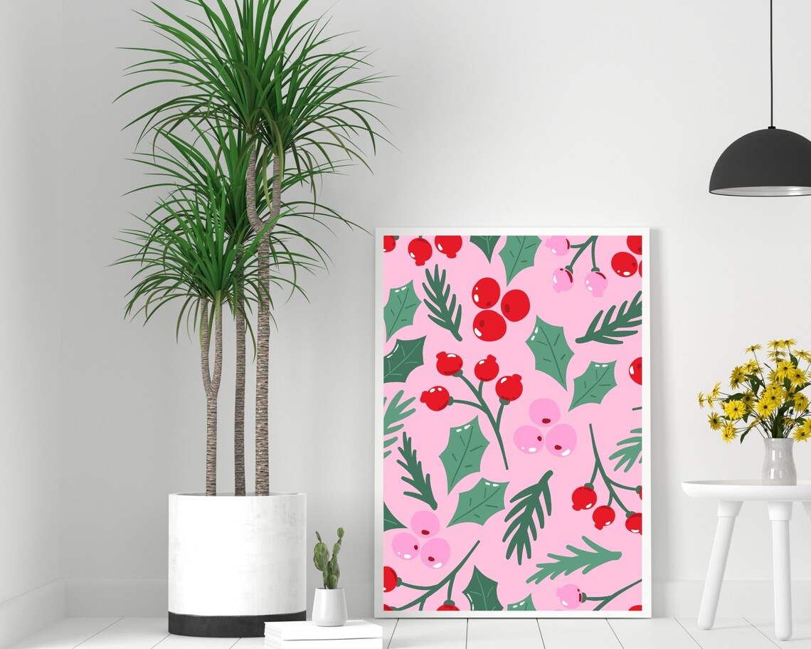 Christmas Botanical Art Print, Boho Holly Decor - Image 2