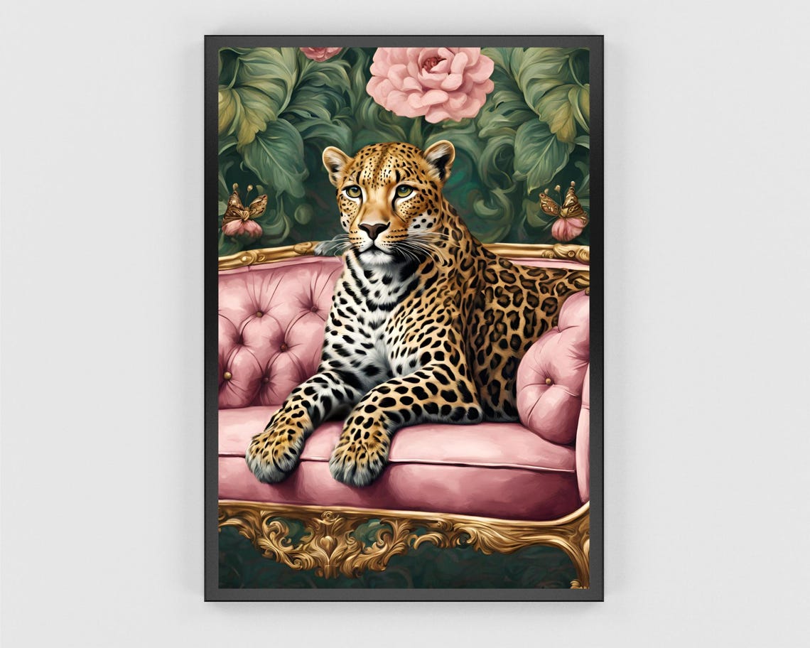 Leopard Reclining On Pink Tufted Baroque Chaise Lounge Poster - Image 3