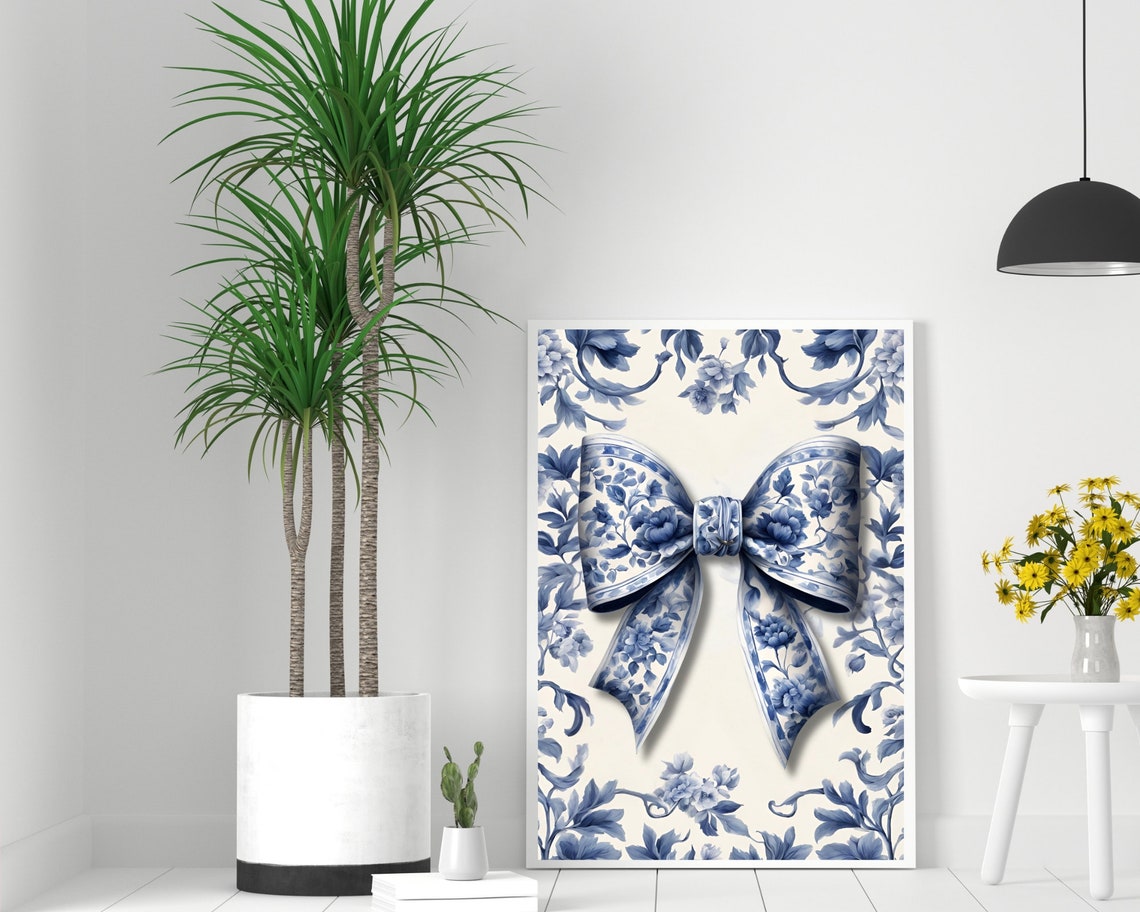 Blue And White Floral Bow On Matching Porcelain Background Poster - Image 2