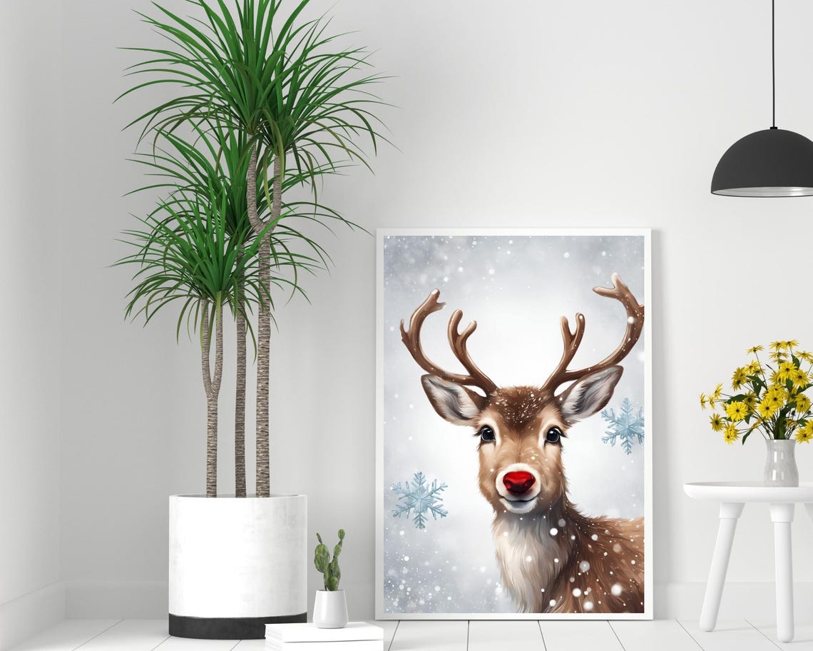 Cute Red Nose Reindeer in Snowy Winter Christmas Holiday Poster - Image 2