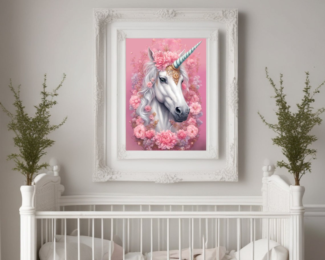 White Unicorn Teal Horn Pink Peony Wreath Magical Fantasy Art Poster - Image 3