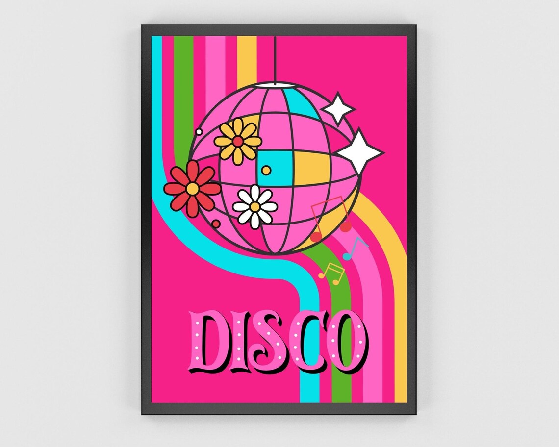Retro Disco Ball Poster, Groovy 70s Floral Decor - Image 3