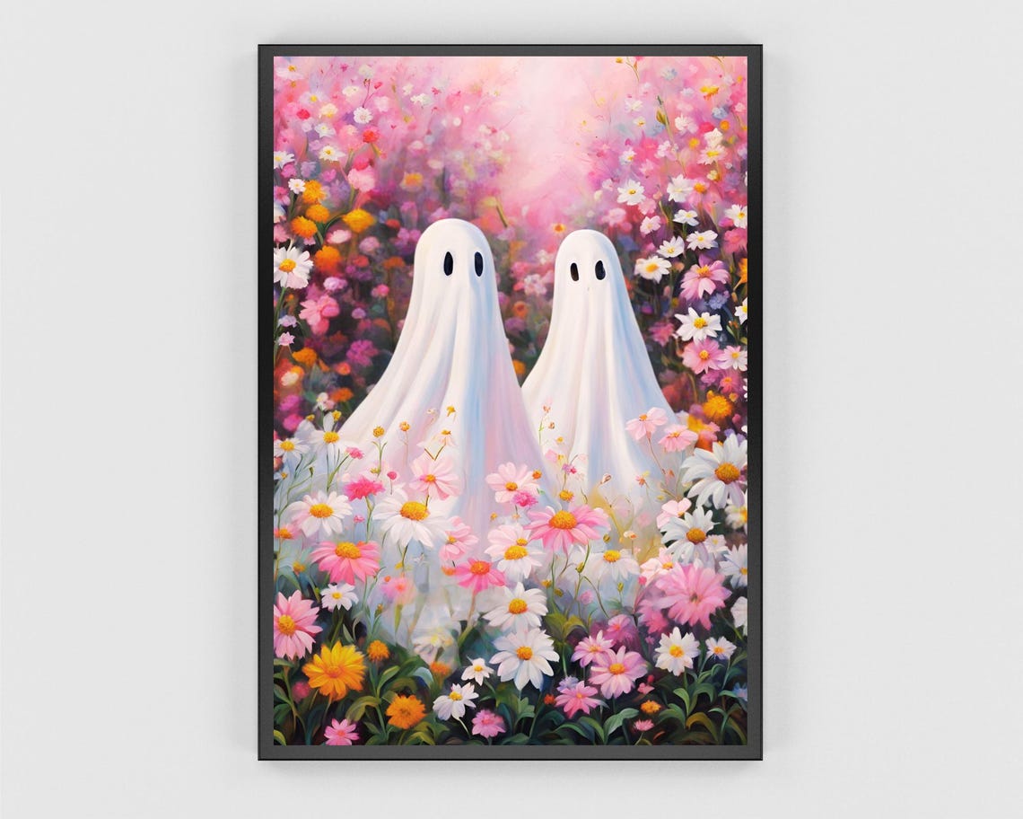 Cute Ghosts In Wildflower Field Halloween Botanical Wall Poster - Image 3