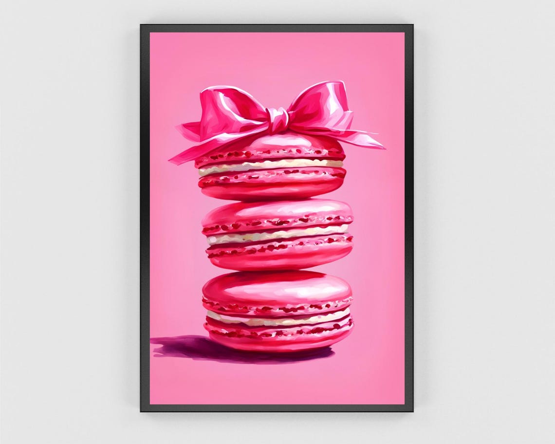 Three Pink Macarons with Ribbon Bow Kitchen Decor Art Poster - Image 3