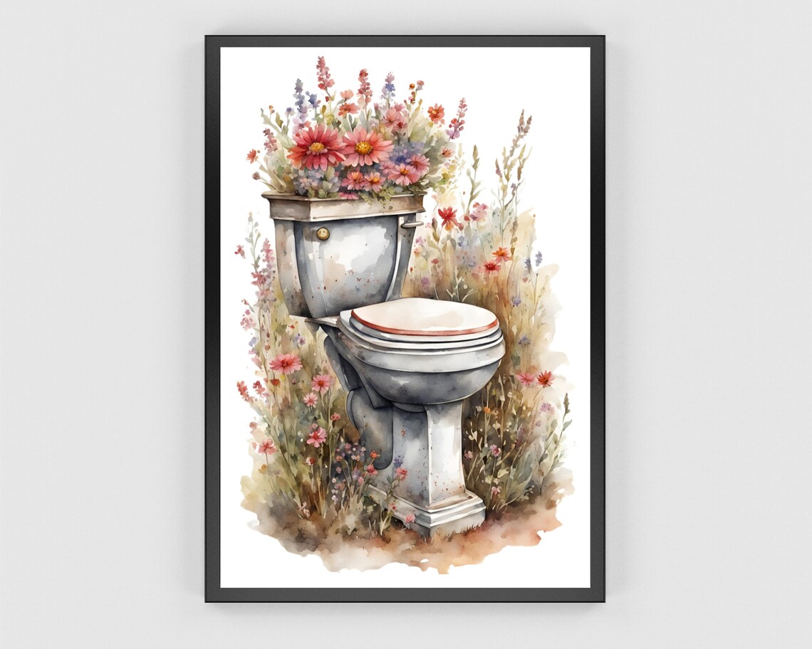 Vintage Toilet Wildflower Bouquet Funny Bathroom Wall Poster - Image 3