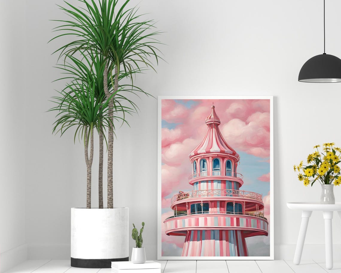 Pink Helter Skelter Tower Under Cotton Candy Clouds Art Poster - Image 2