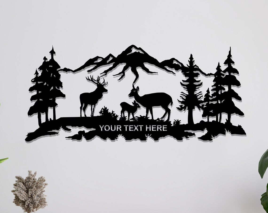Personalized Deer Family Metal Wall Art Mountain Scene Custom Text Decor