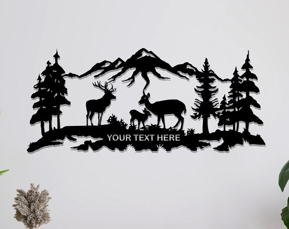 Personalized Deer Family Metal Wall Art Mountain Scene Custom Text Decor