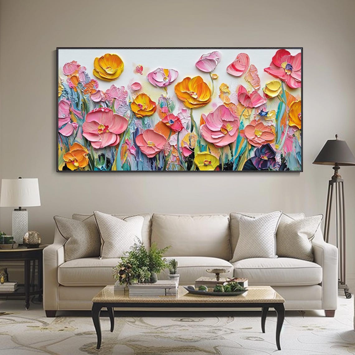 Pink Coral Poppy Flowers Palette Knife White Background Poster - Image 3