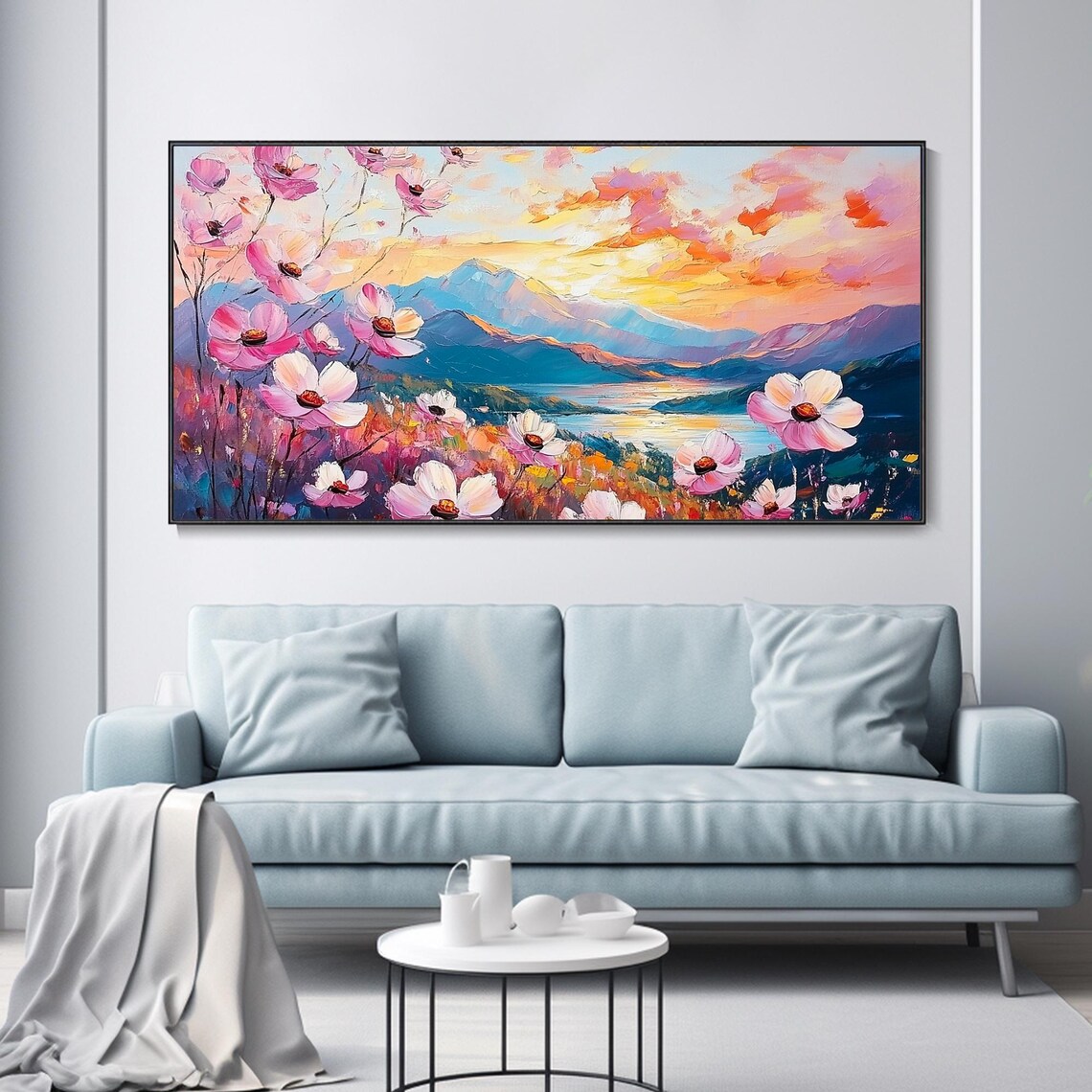 Vibrant Pink Cosmos Wildflower Mountain Lake Sunset Art Poster - Image 3