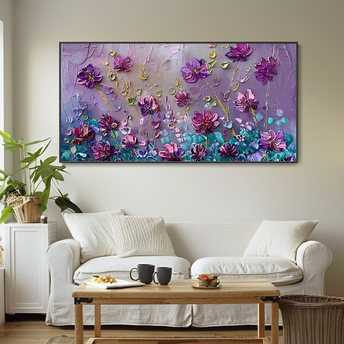 Purple Flower Abstract Landscape Oil Painting Art Print - Image 3