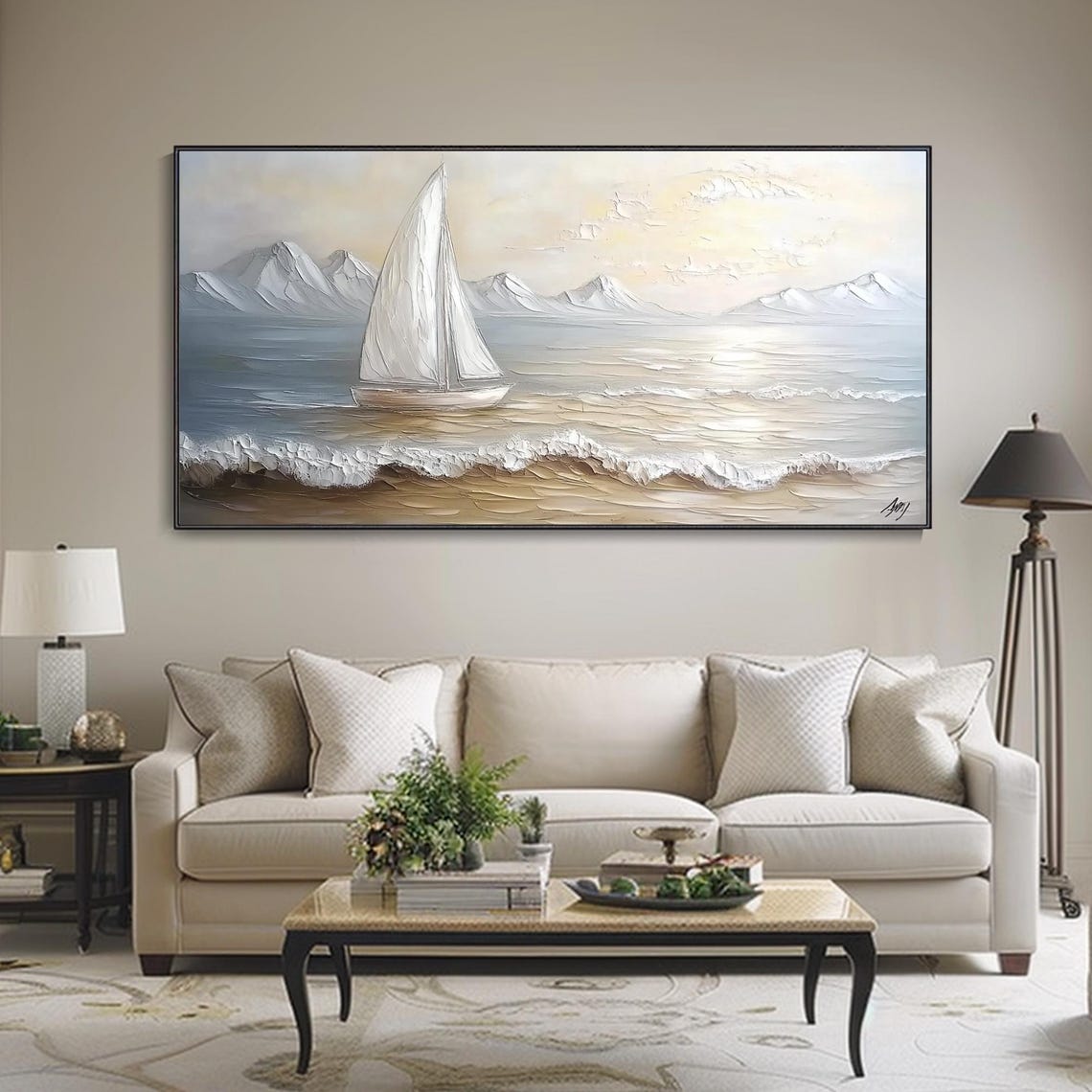 White Sailboat Calm Sea Snowy Mountains Muted Seascape Art Poster - Image 2