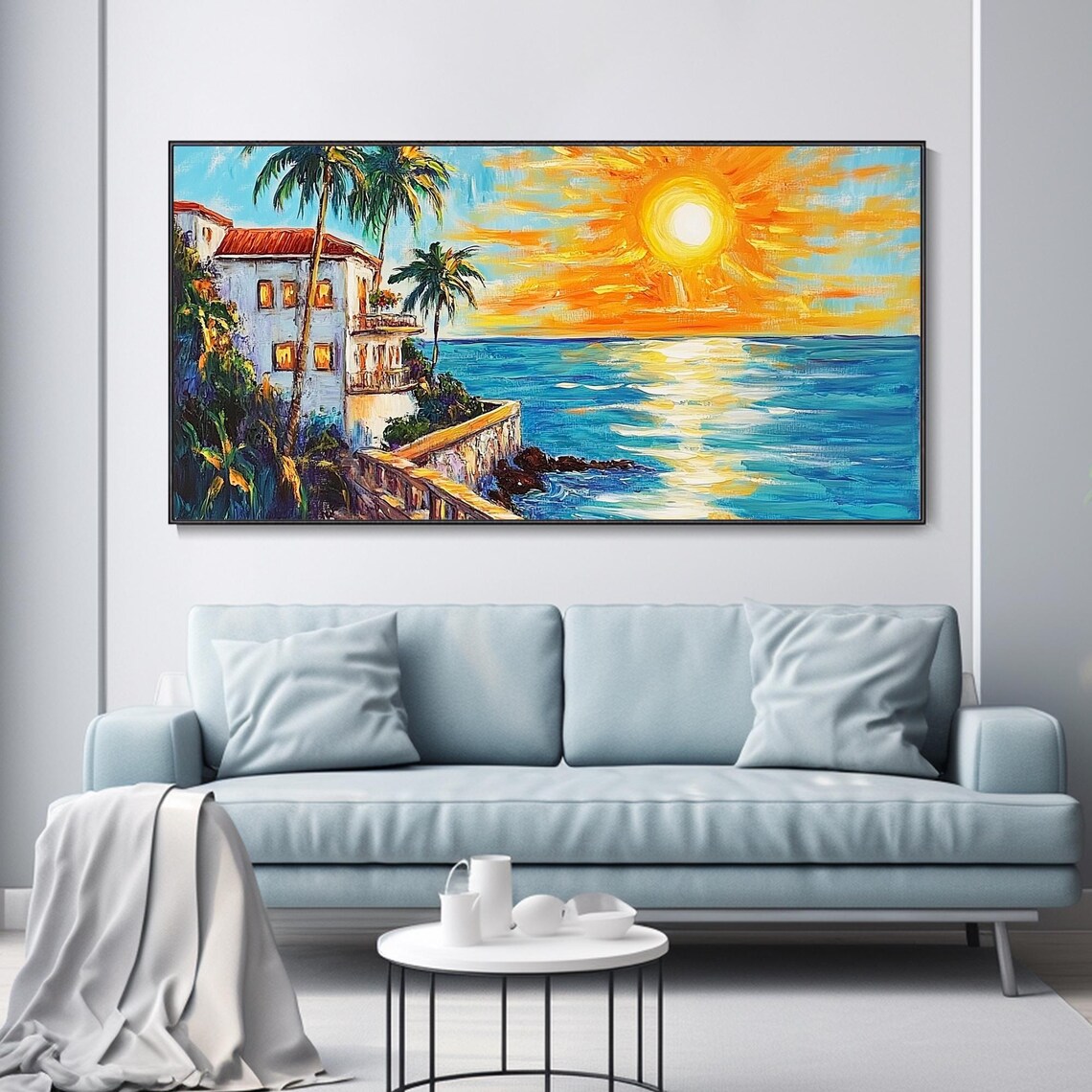 Seaside Villa Ocean Sunset Palm Terrace Golden Sky Art Poster - Image 3