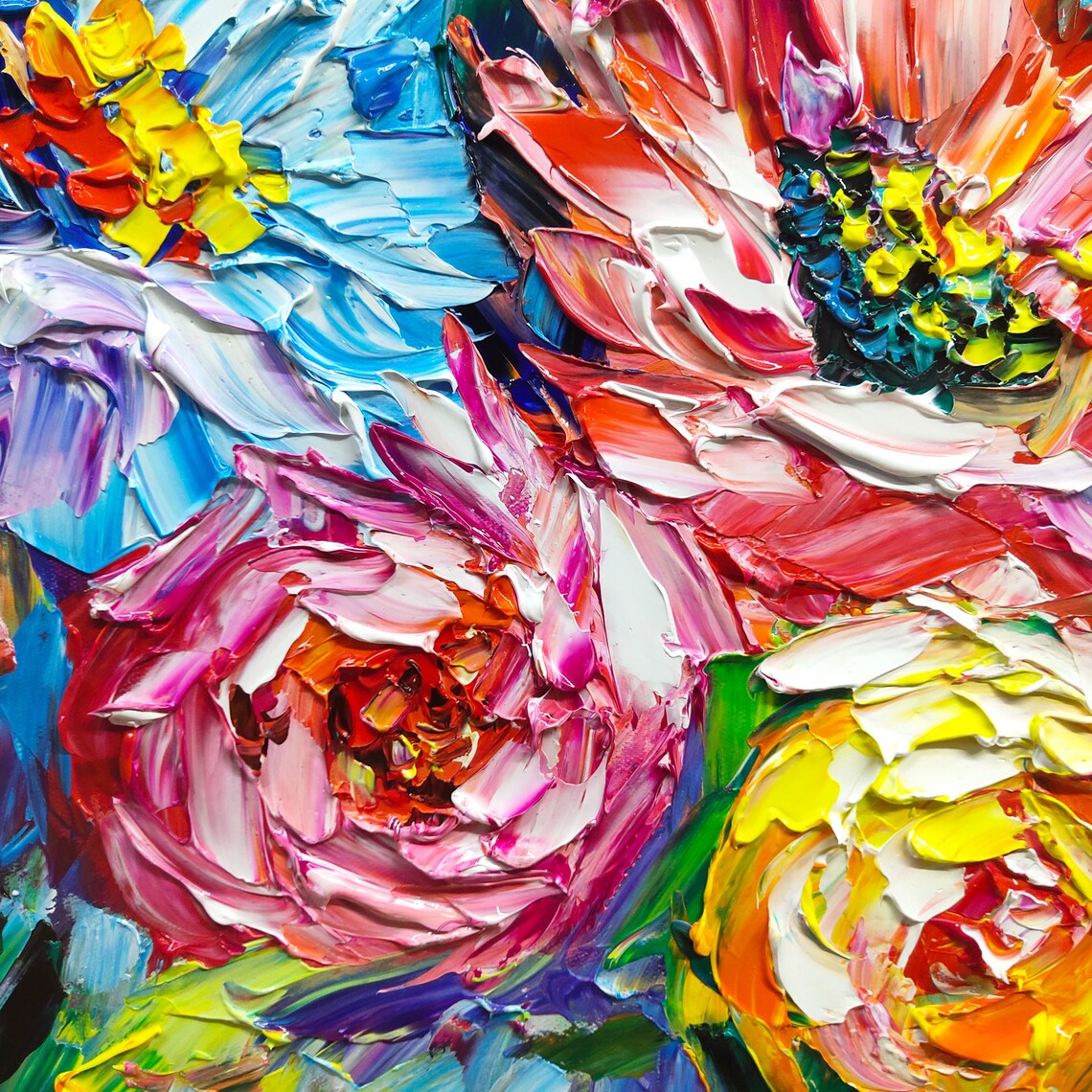 Vibrant Blue Pink Peony Bouquet Impasto Floral Oil Painting Poster - Image 2