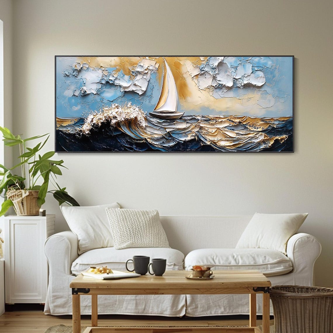 Golden Sailboat Ocean Waves Textured Impasto Seascape Art Poster - Image 2