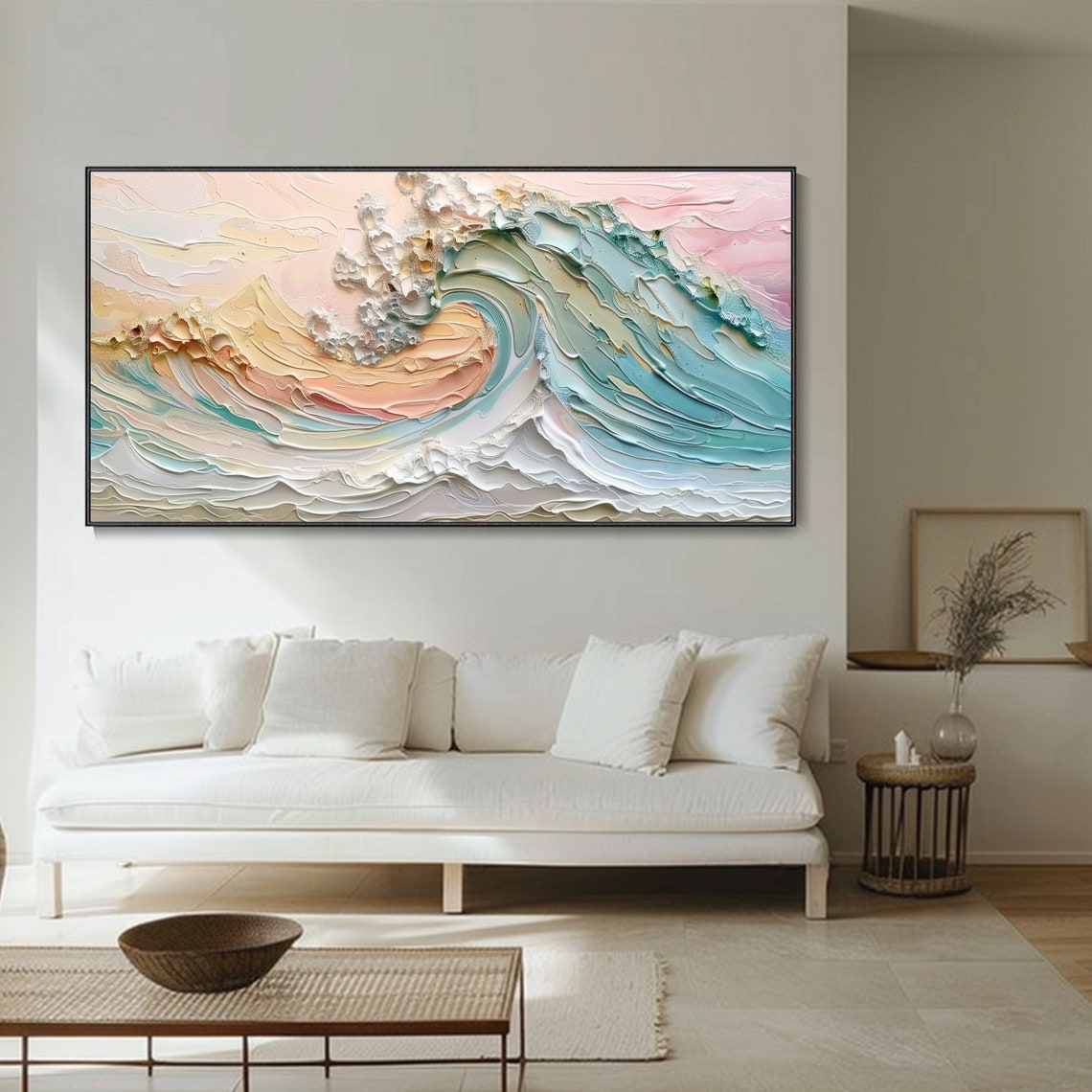 Pastel Ocean Wave Curl Teal Peach 3D Texture Seascape Art Poster - Image 3