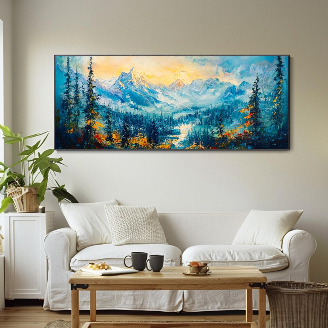 Teal Mountain Valley Evergreen Forest Golden Sky Impasto Art Poster - Image 3