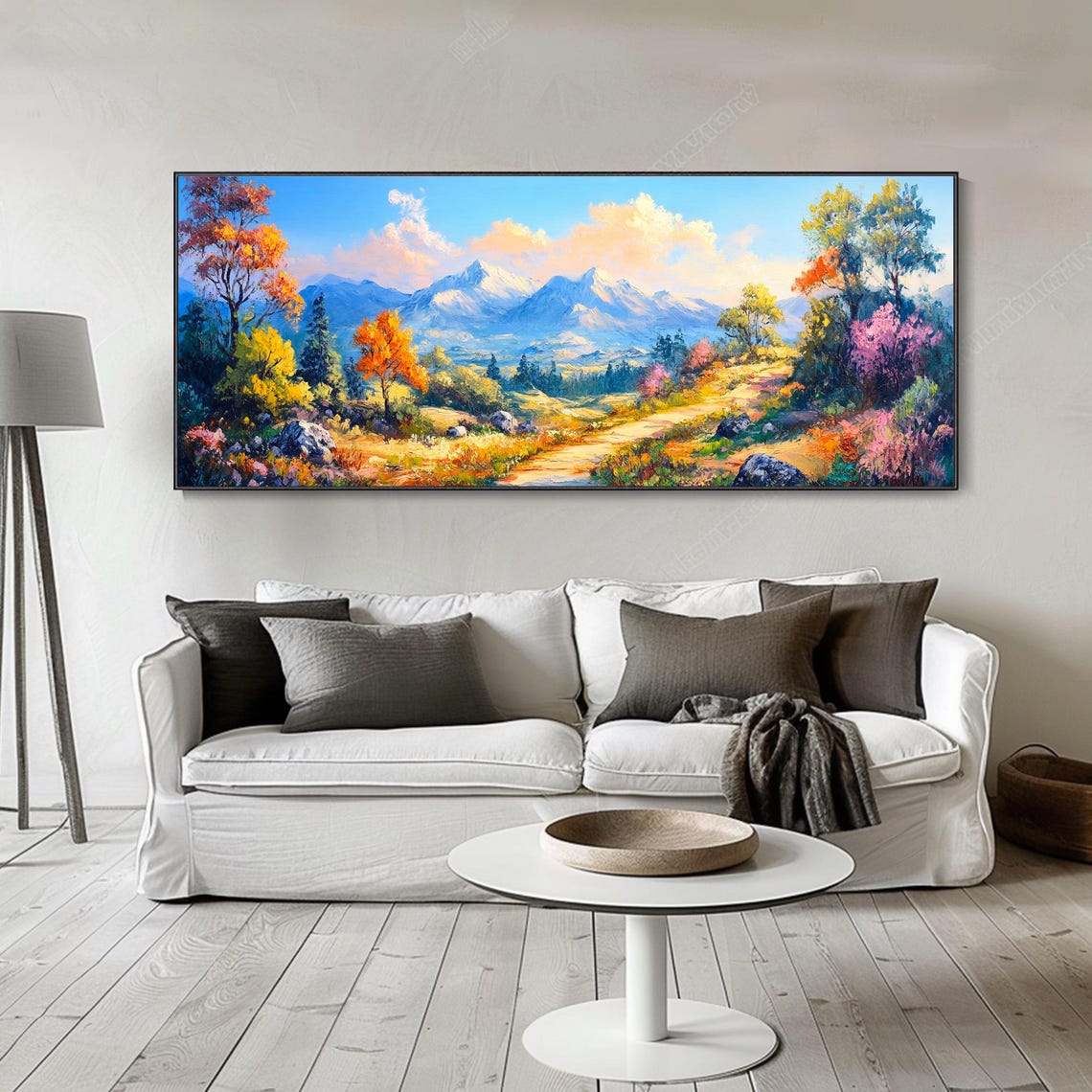 Autumn Mountain Path Meadow Snowy Peaks Colorful Impasto Art Poster - Image 2