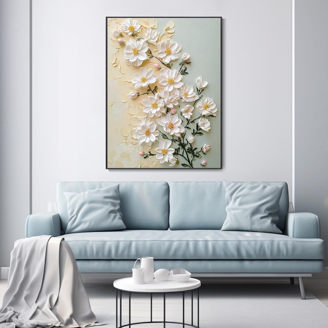 White Cosmos Flowers Cream Sage Background Floral Modern Poster - Image 3