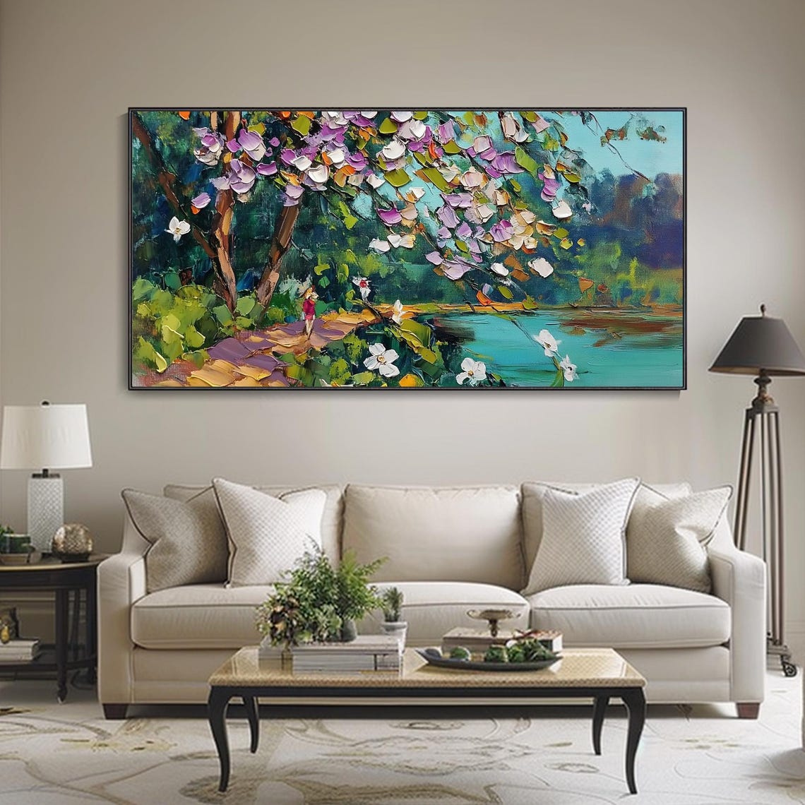 Blossoming Trees Turquoise Pond Spring Landscape Oil Art Poster - Image 3