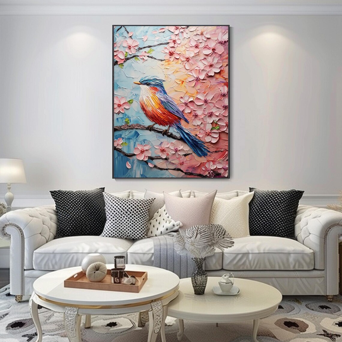 Colorful Songbird Cherry Blossom Branch Textured Modern Wall Art - Image 2