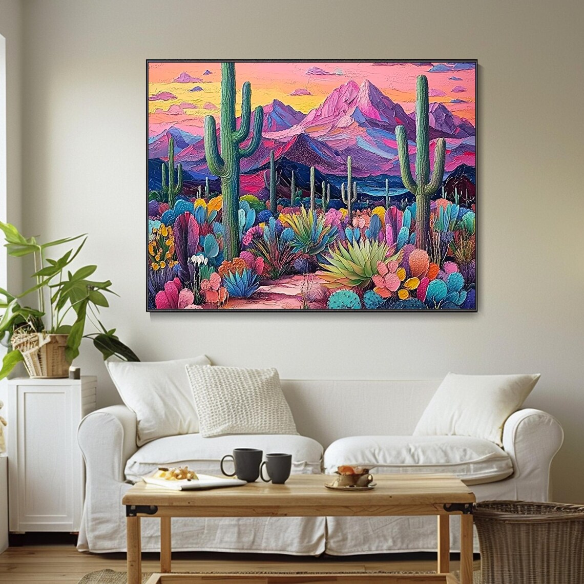 Colorful Saguaro Cactus Desert Sunset Mountain Landscape Art Poster - Image 2