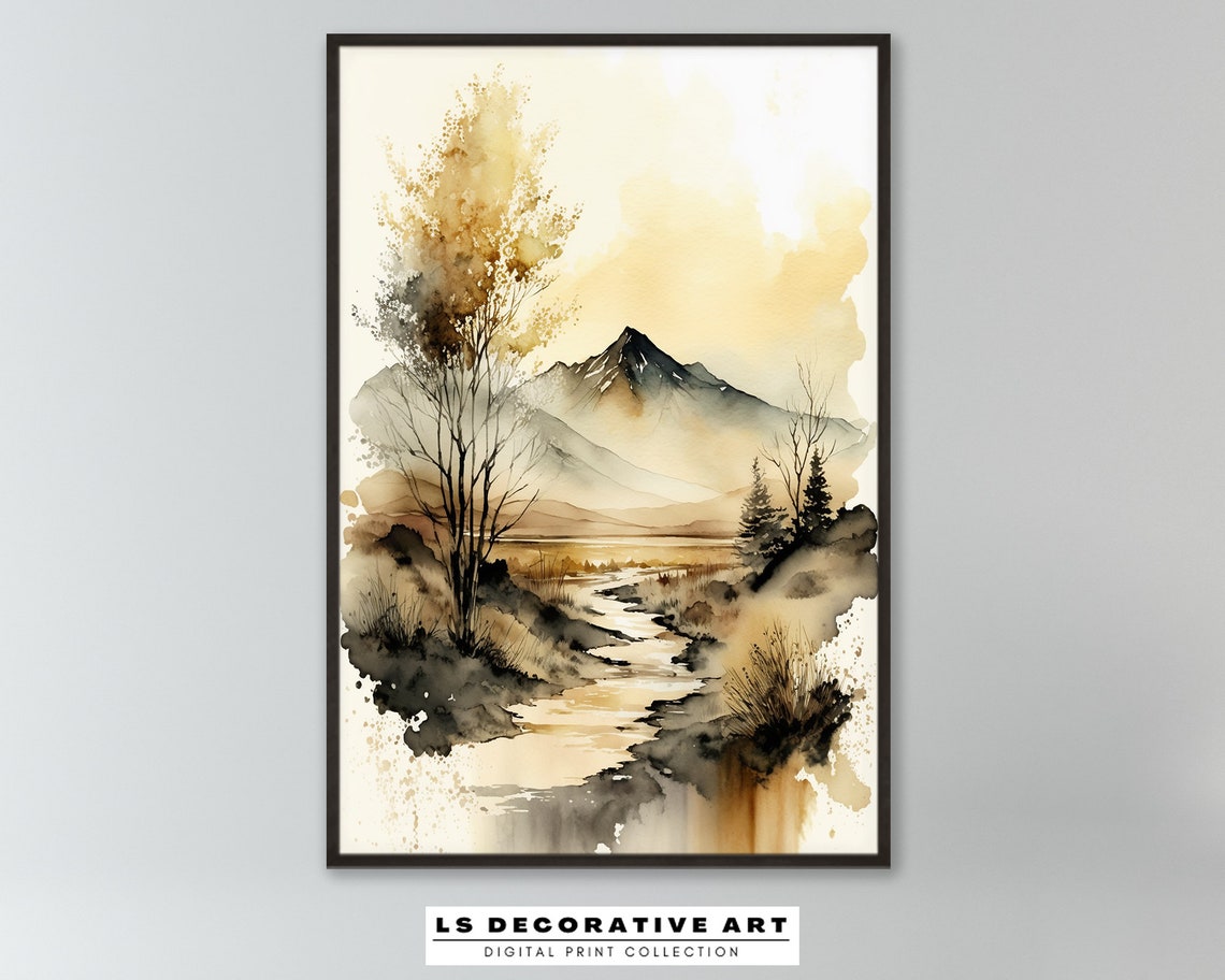Neutral Watercolor Landscape Misty Valley Beige Tones Poster