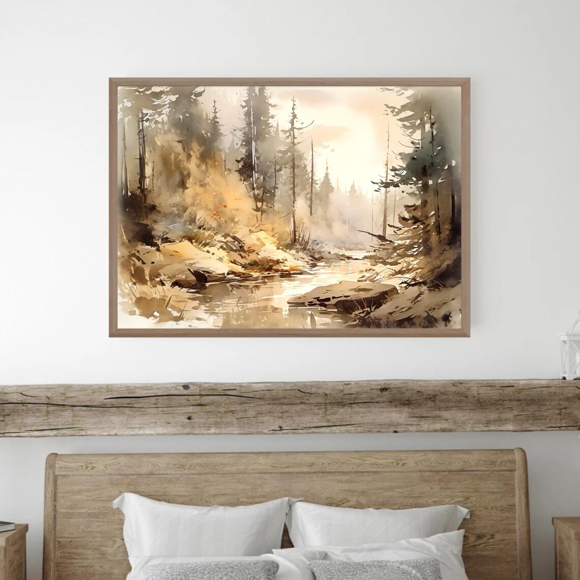Misty Evergreen Forest Stream Soft Morning Light Watercolor Poster - Image 3